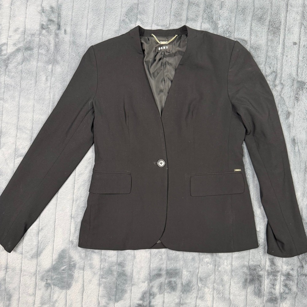 DKNY Womens Black Collarless Single Button Blazer Jacket Size 4 Professional